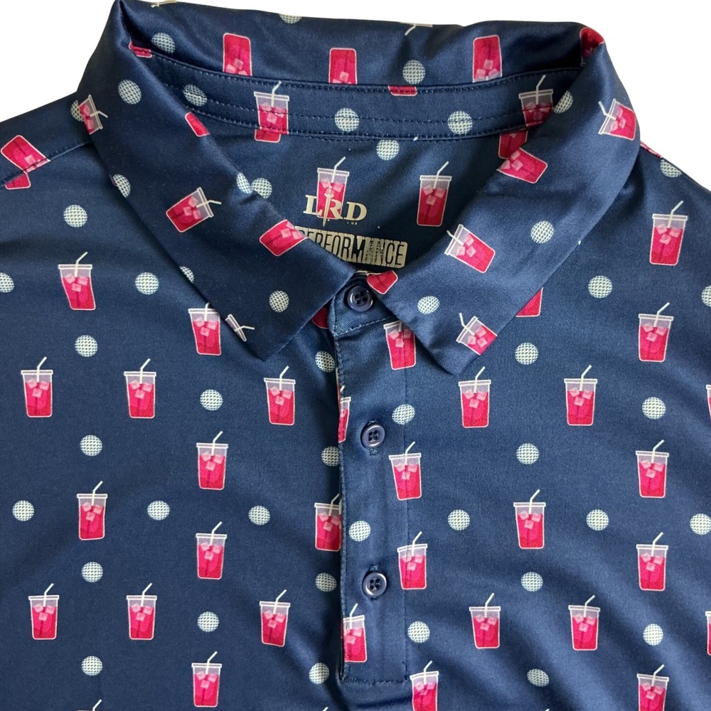 LRD Performance Golf Polo Mens XL Navy Blue Pink Drink Golf Ball Print Shirt